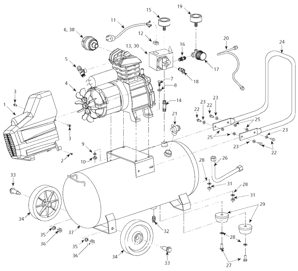 Air-Compressor Parts Diagram and Parts List for HX5100  Campbell Hausfeld Compressor